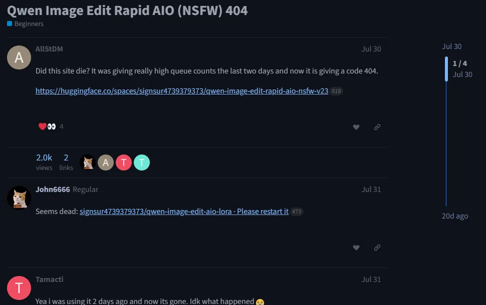 Hugging Face forum thread titled Qwen Image Edit Rapid AIO (NSFW) 404