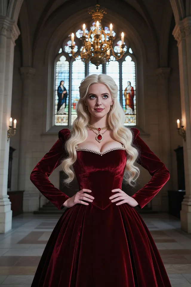 Realistic AI image of a blonde noblewoman in a red velvet gown in a castle hall